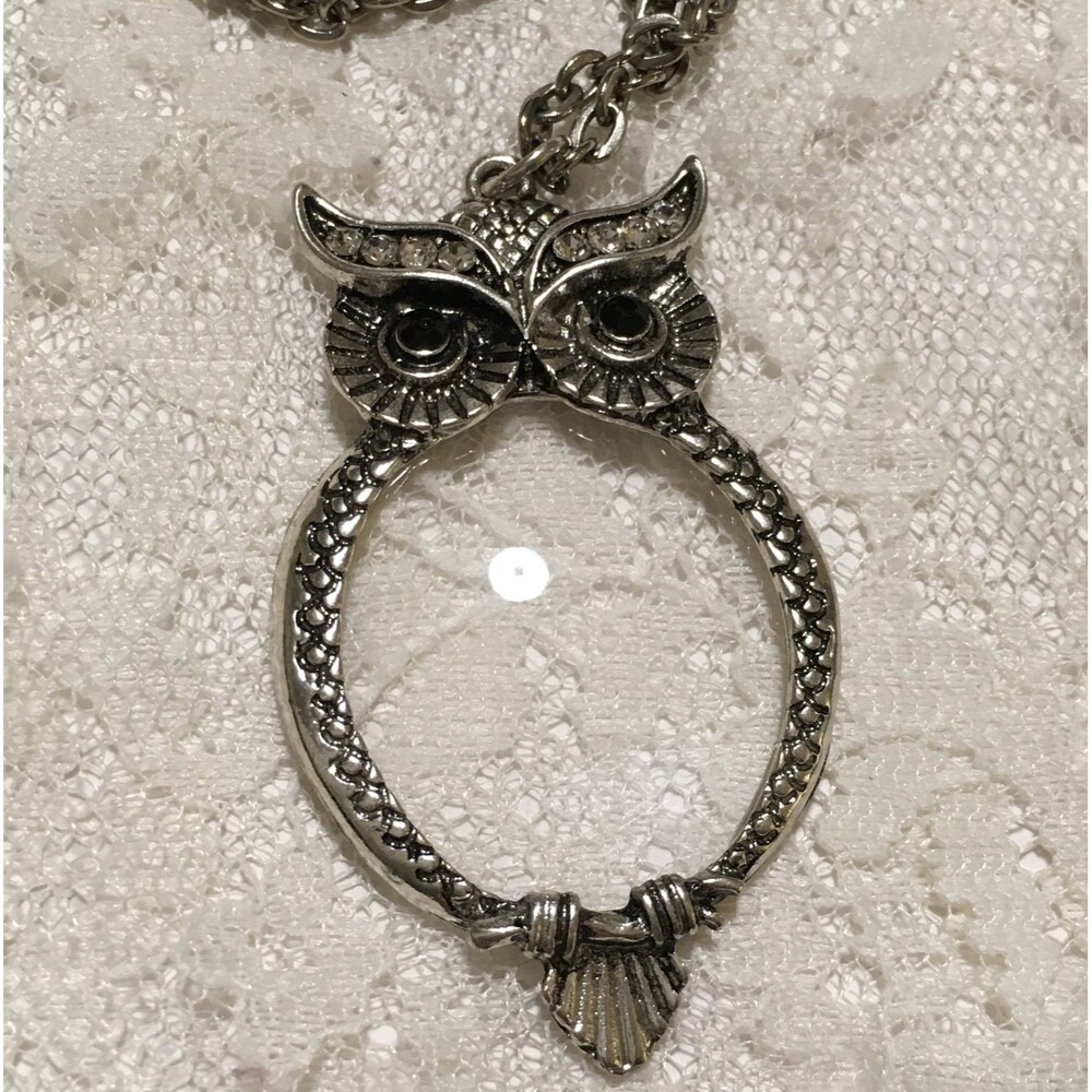 Owl Magnifying Glass Pendant Necklace Silver Tone Charm Delicate Statement - Picture 7 of 7